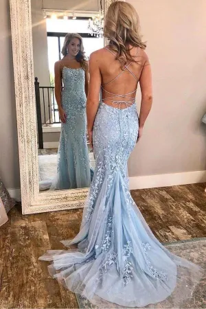 Anneprom Mermaid Spaghetti Straps Criss Cross Light Blue Lace Long Prom Dresses APP0004