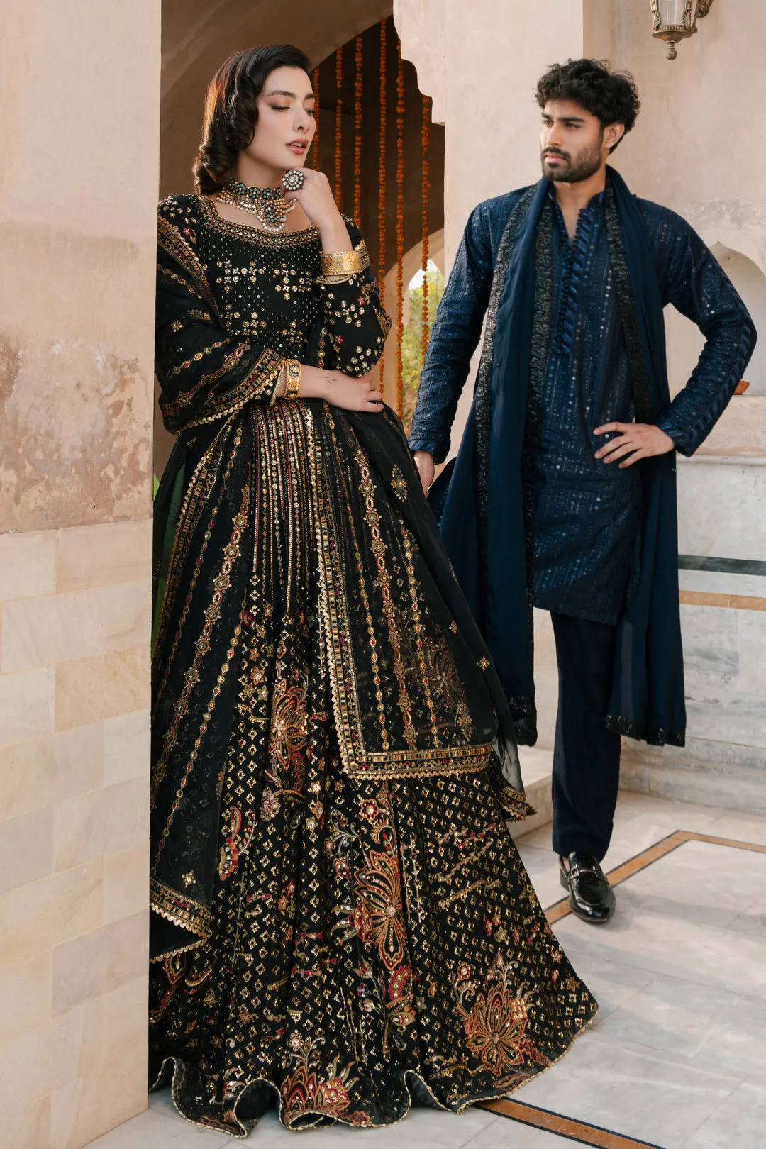 Classic Black Golden Embellished Pakistani Wedding Dress Lehenga Choli