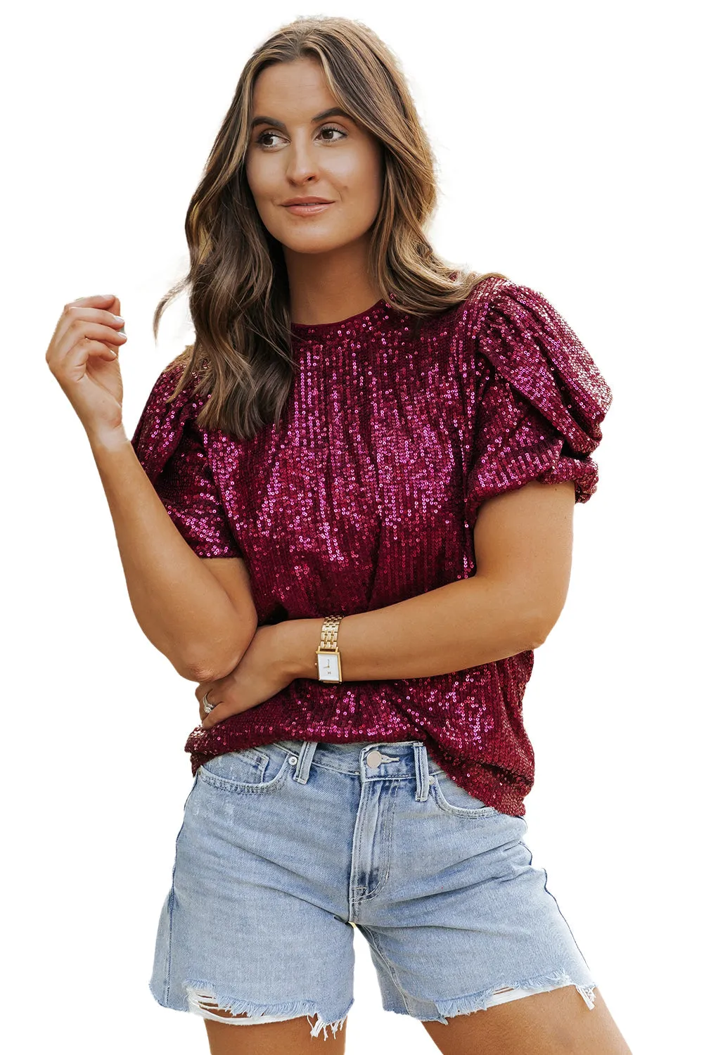 Glittering Sequin Short Bubble Sleeve Blouse