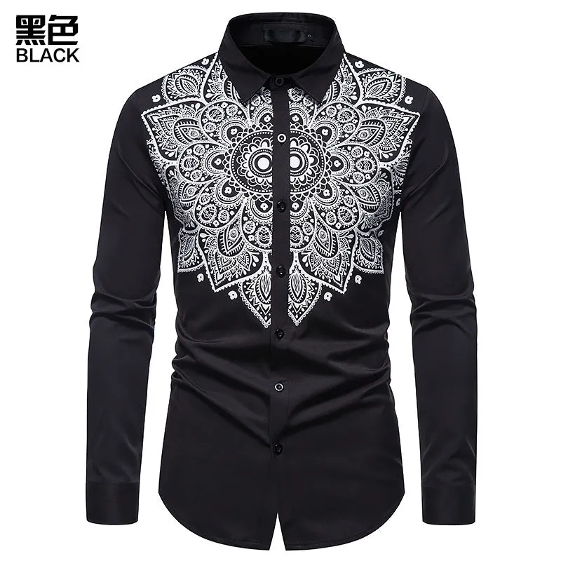 Men's Long Sleeve Printed Button Shirt Slim Fit Formal Shirt