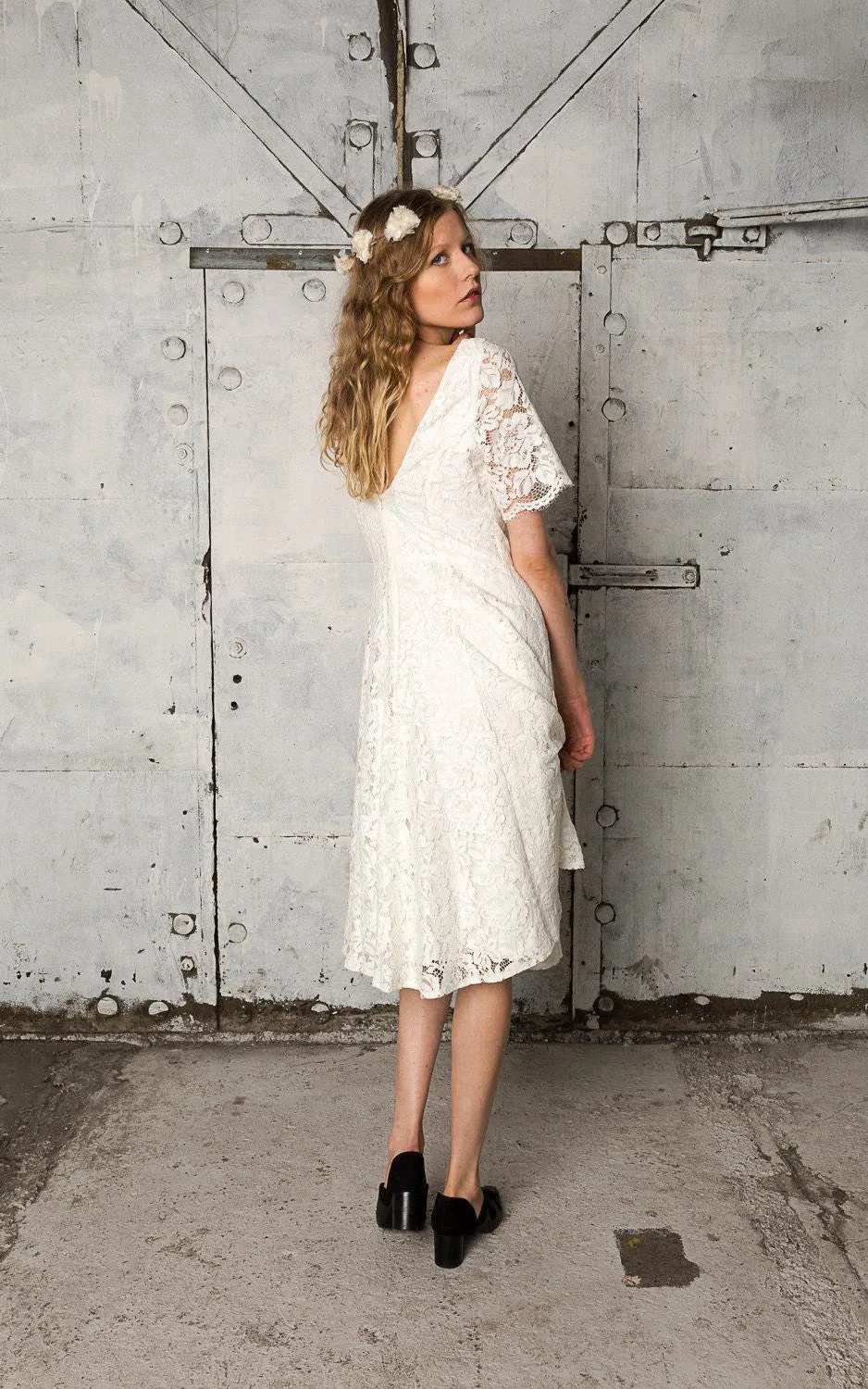 Short Sleeve Lace Knee Length A-Line Dress With Low-V Back-ET_711180